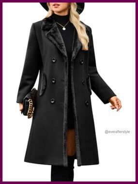 Womens Wool Blend Pea Coat Faux Fur Collar Double Breasted Winter Overcoat